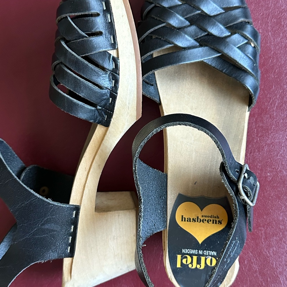 Swedish Hasbeens Black Woven Leather Clogs